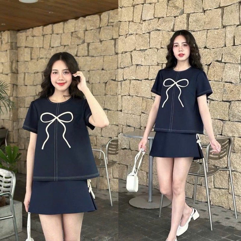 (Cosy) Set thiết kế navy viền chỉ đính nơ + chân váy