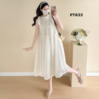  Đầm bầu voan đũi dáng dài màu kem tiểu thư tay cánh tiên phong cách nàng thơ by Đầm Bầu Thỏ - PT633 