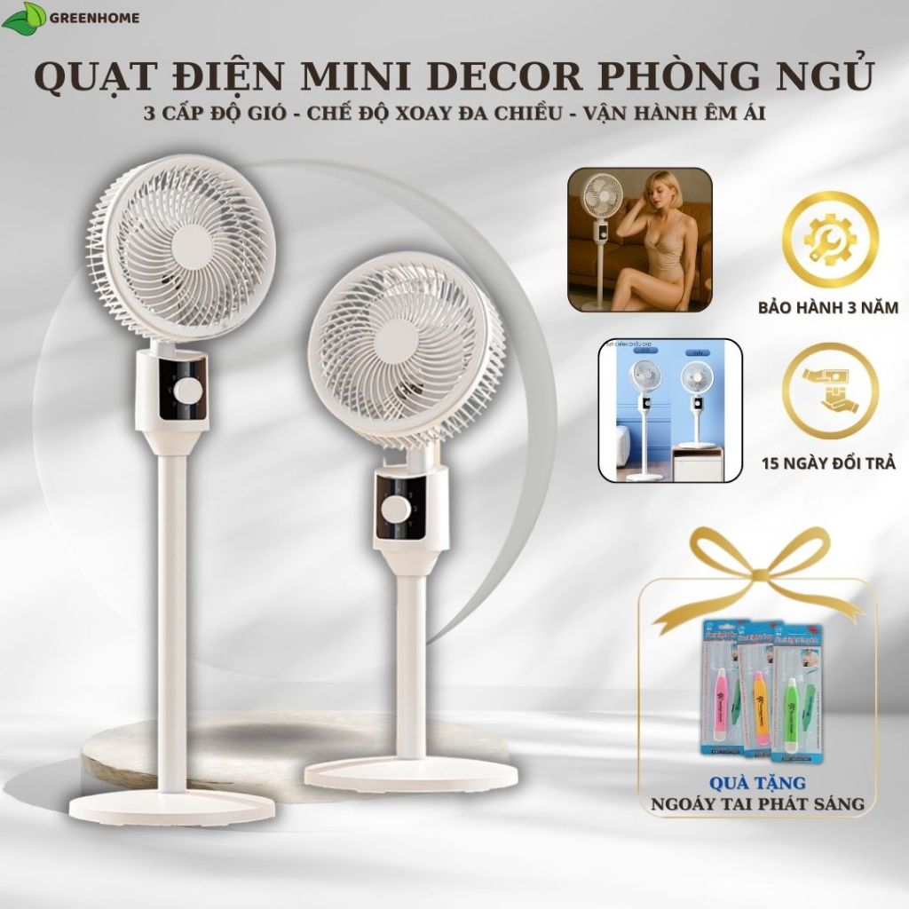 Quạt điện cây nhỏ gọn decor phòng ngủ - Quạt điện mini chế độ xoay đa chiều 3 cấp độ gió vận hành êm ái