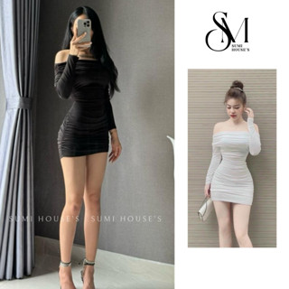 Đầm body trễ vai SUMI HOUSE đầm hở vai nhún sườn, váy ôm body tay dài phong cách thời trang nữ đi chơi đi tiệc