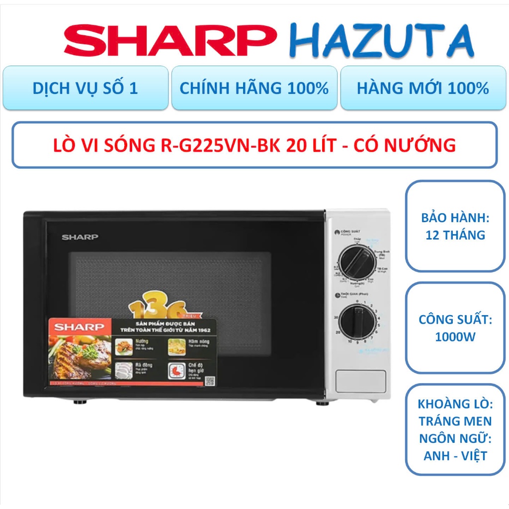 Lò vi sóng Sharp R-G225VN-BK 20 lít, có nướng, công suất 1000W, chính hãng, bảo hành 12 tháng toàn q