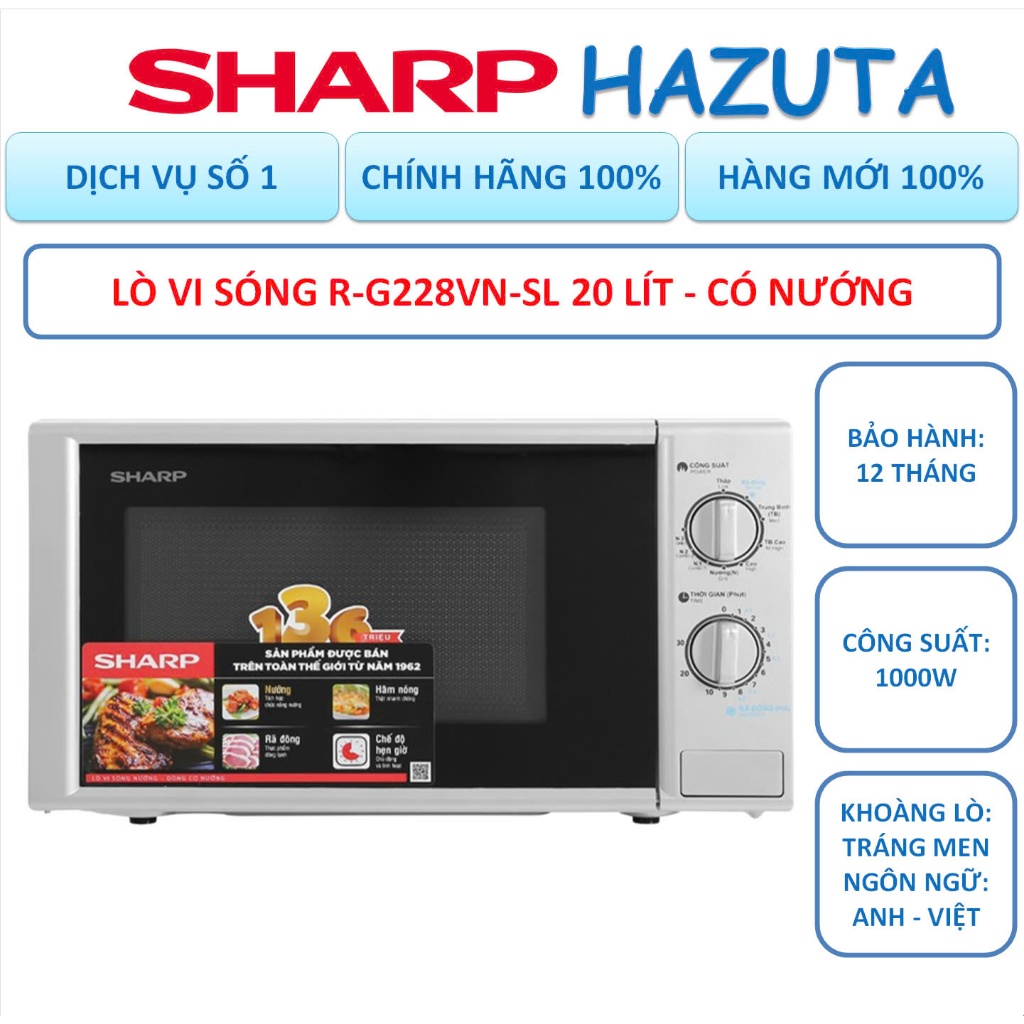 Lò vi sóng Sharp R-G228VN-SL 20 lít, có nướng, công suất 1000W, chính hãng, bảo hành 12 tháng toàn q