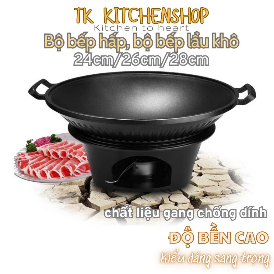 Bếp lẩu khô gang chống dính màu đen, bếp cồn đen nấu lẩu,Bộ bếp cồn có đế làm nóng đồ ăn