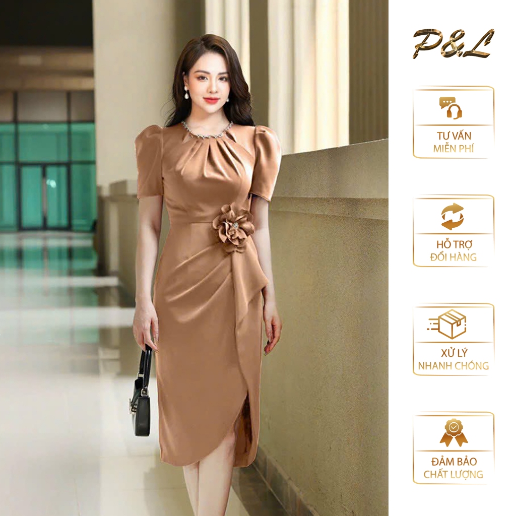 Váy Đầm Dự Tiệc Trung Niên BigSize Đi Cưới Thiết Kế Cao Cấp Đầm Đi Tiệc Cổ Tròn Phụ Kiện Bông Eo PL7