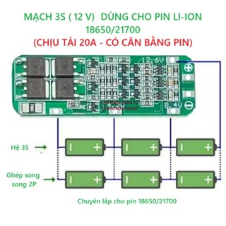 Mạch sạc cân bằng pin 3S 20A - BMS 3 Cell (3 viên 18650/21700), Có Cân Bằng, Dòng Xả Cao, Có Bảo Vệ