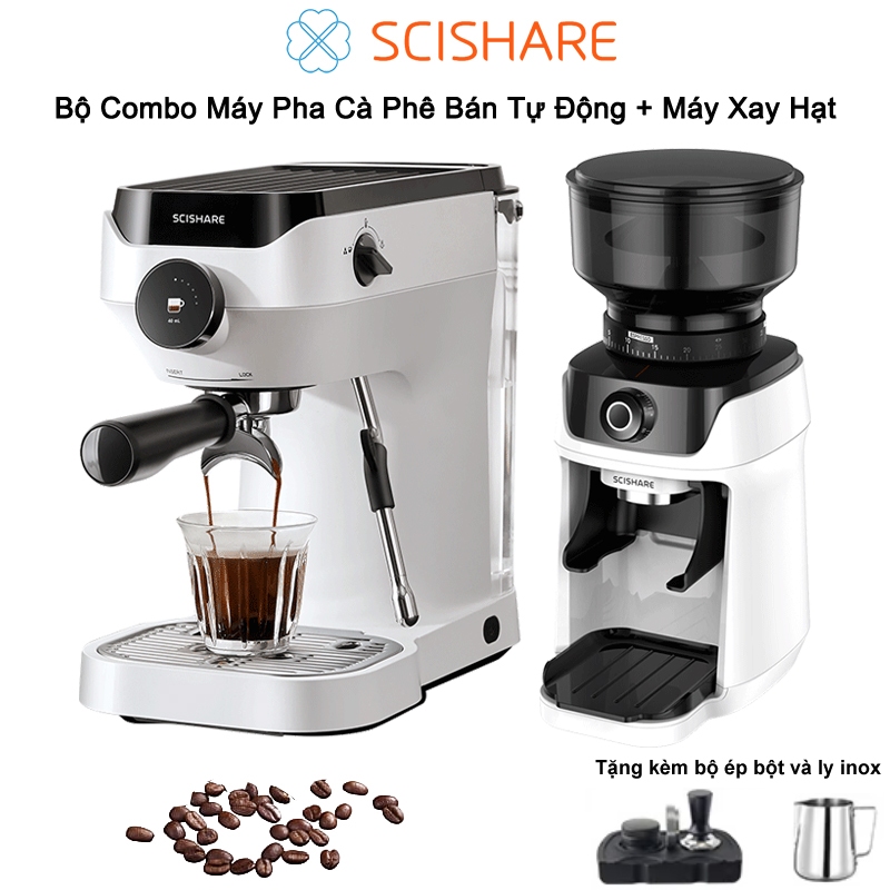 SCISHARE Bộ Combo Máy Pha Cà Phê Bán Tự Động + Máy Xay Cà Phê Tặng kèm bộ ép bột và ly inox
