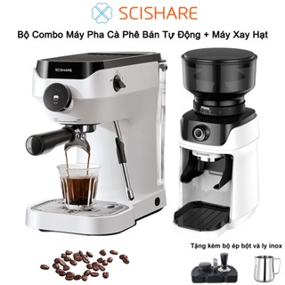 SCISHARE Bộ Combo Máy Pha Cà Phê Bán Tự Động + Máy Xay Cà Phê Tặng kèm bộ ép bột và ly inox