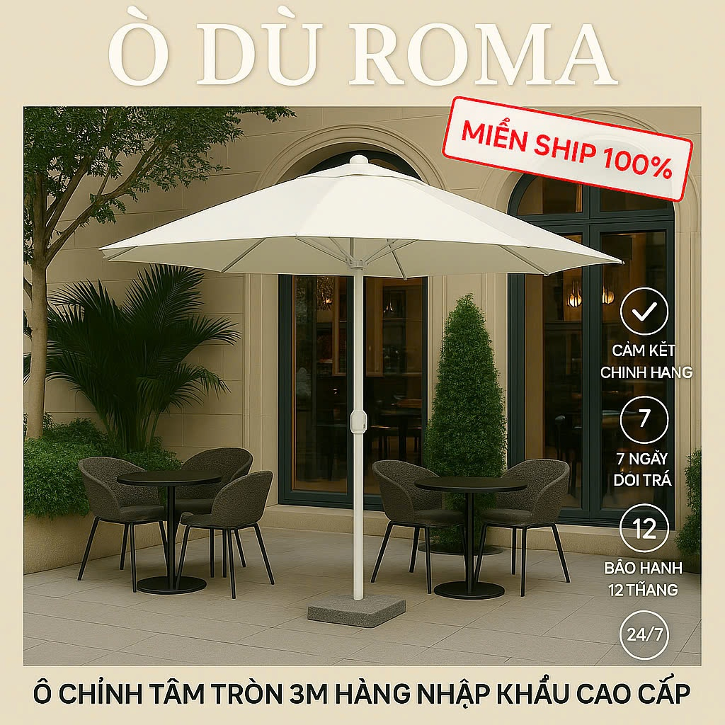 Ô dù chính tâm tròn 3m BẢN CAO CẤP đóng mở bằng tay quay 360 độ  thích hợp cho quán cà phê, sân vườn bảo hành 1 năm