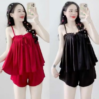  Bộ đồ ngủ mặc nhà áo hai dây xếp ly phối quần short chất lụa xước ánh kim cao cấp set đồ ngủ hai dây sexy CARY 