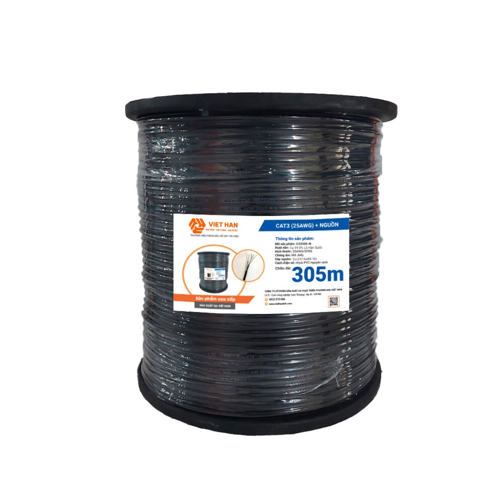 Cáp mạng -điện thoại  Việt Hàn CAT3 25AWG liền nguồn 305m Đồng Nguyên Chất