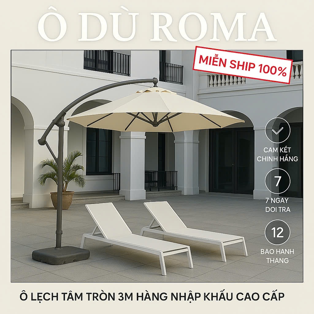 Ô Dù Lệch Tâm Tròn 3m HÀNG NHẬP KHẨU CAO CẤP.nâng lên hạ xuống, chỉnh góc nghiêng, xoay 360 độ.Chỉnh theo hướng nắng mưa