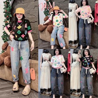 (Tặng quà) Set đồ nữ thời trang áo thun tay ngắn in 3D phối quần jeans dài dáng baggy lưng thun