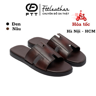 Dép da bò nam FTT Leather quai ngang chữ H màu nâu dáng trơn đế cao cấp bền, nhẹ, độ bám tốt D10541