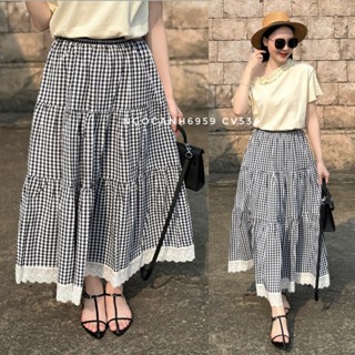 Ngocanh6959 Sale CV534 Chân váy dáng dài chân ren kẻ caro cạp chun phong cách tiểu thư sang trọng Hàn Quốc du lịch