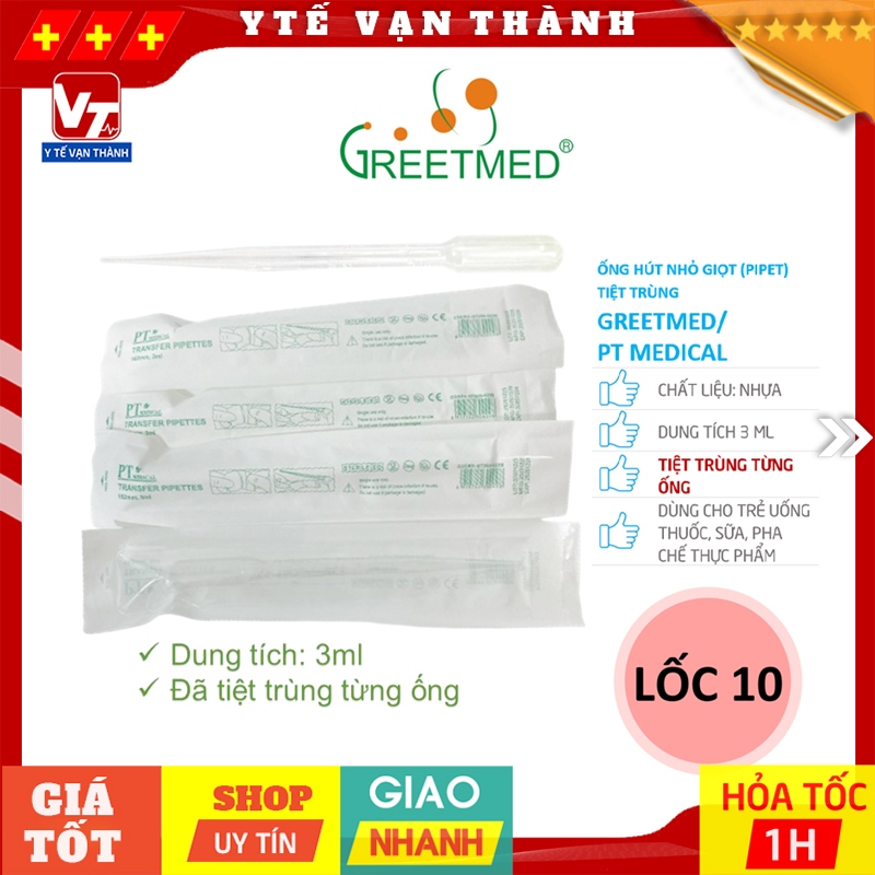 ✅ [LỐC 10] Ống Hút Nhỏ Giọt (Pipet) Nhựa Greetmed, PT Medical (Tiệt Trùng Từng Ống) | Cho Bé Uống Th