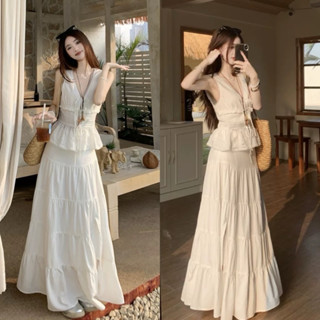 [S2.4004] Set Áo Kiểu Sát Nách Thắt Nơ Ngực Viền Ren Phối Chân Váy Dài 5 Tầng Xoè Bồng Bềnh, Set Trắng Mặc Đi Biển