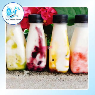 Sỉ 50_100 Chai nhựa mini vuông vát cổ cao 150 ml dày dặn, kèm nắp đen, đựng sốt chấm, trà sữa