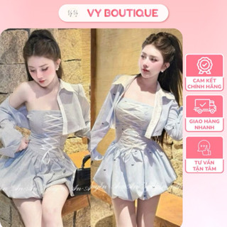 [Hoả Tốc] Set Đầm Cúp Ngực Dáng Bí Đan Dây Kèm Áo Khoác Ngoài Phối Sọc Xanh Siêu Xinh By Vy Vy Boutique
