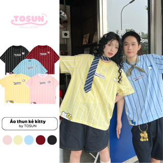 [TOSUN] Áo Thun Kẻ Họa Tiết Kitty Thêu Basic Form Rộng Nam Nữ T20