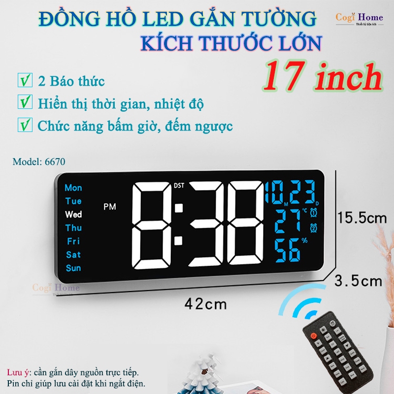 Đồng Hồ LED Điện Tử 16 - 17 inch Kích Thước Lớn Găn Tường Treo Tường Có Remote Bấm Giờ Đếm Ngược