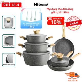 Bộ nồi chảo vân đá 6 món chống dính cao cấp Mitomo Queen Time, dùng cho bếp từ, bếp ga - Hàng chính hãng