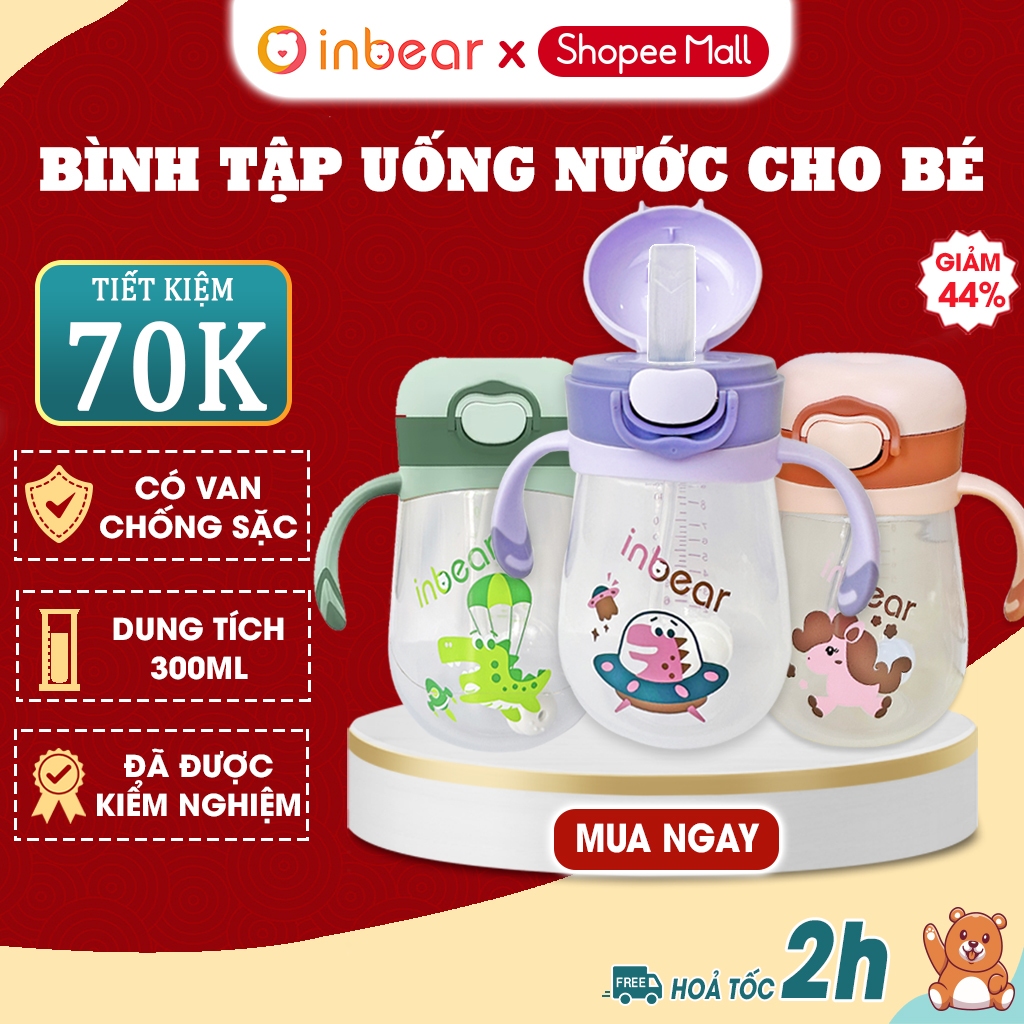  Bình Uống Nước Cho Bé Inbear 300ml - Bình Nước Trẻ Em - Chống Tràn - An Toàn - Có Ống Hút 