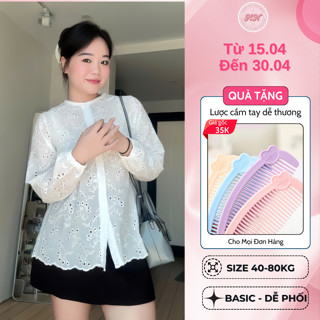 [HOT TREND] Áo sơ mi nữ trắng dài tay form rộng áo sơ mi ren hoa nổi vintage Xưởng may Hồng Ngọc