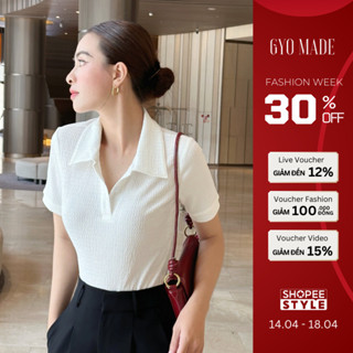 Áo polo nữ trắng trơn GYOMADE® chất liệu mỏng nhẹ mát mùa hè, thun len vân gỗ mềm mịn thoáng mát | GA041C