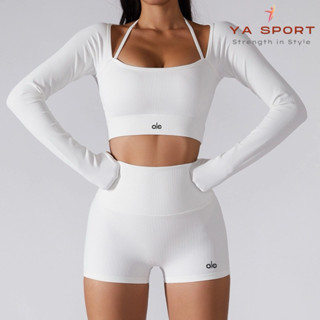 Set Bộ Quần Áo Tập Gym Cao Cấp Hãng AL0– Áo Dài Tay Quần Sooc, Tập Yoga, Pilates, Có Mút Ngực, Co Giãn, YS55