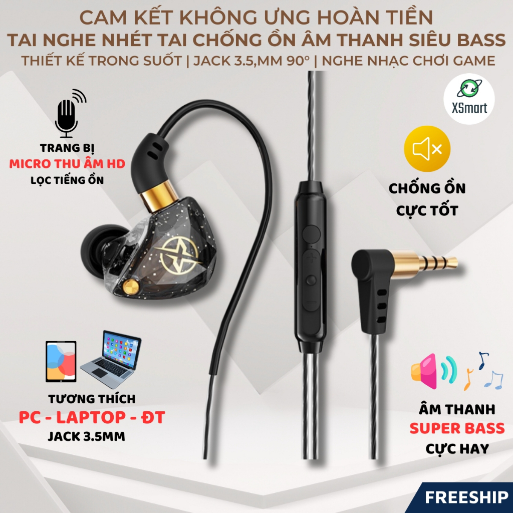 Tai Nghe Dây Nhét Tai Chống Ồn X6 Âm Thanh Siêu Bass Nghe Nhạc, Xem Phim, Chơi Game Cực Đã Tích Hợp Mic Lọc Âm, Jack 3.5