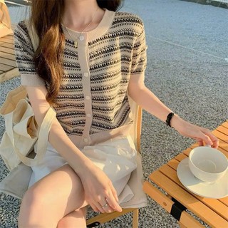 Áo len dệt kim họa tiết thổ cẩm cộc tay co giãn