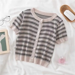 Áo len dệt kim họa tiết thổ cẩm cộc tay co giãn
