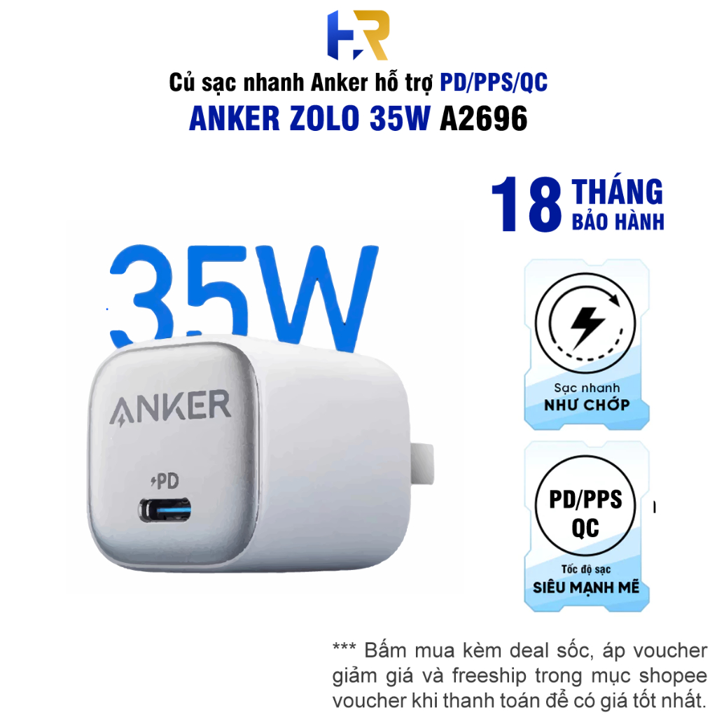 Củ Sạc Nhanh Anker Zolo 35W A2696 | Hỗ Trợ Sạc Nhanh PD | Đầu Sạc USB C