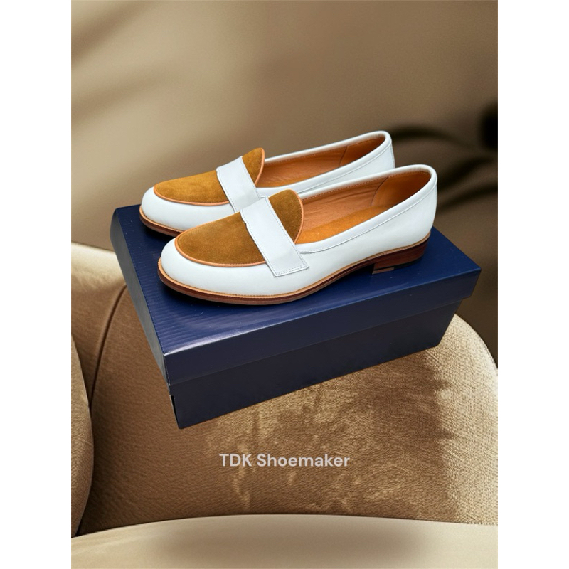 Penny Loafer Trắng Phối Da Lộn Nâu giày Công Sở Cao Cấp Da Bò Đế Phíp Gỗ 3cm - TDK Shoemaker