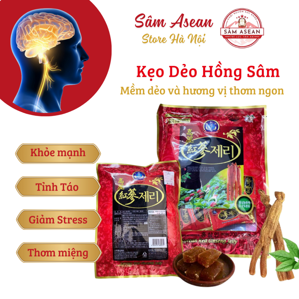 Kẹo sâm, kẹo dẻo hồng sâm Hàn Quốc 300g Sâm Asean tỉnh táo, thơm miệng