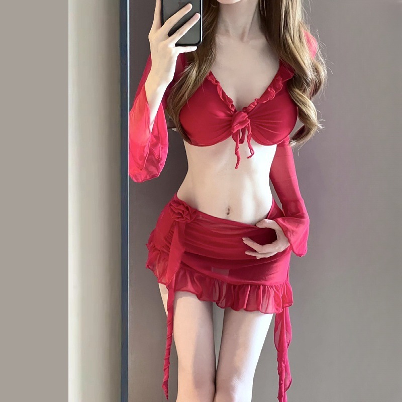 Set Bikini Đồ Bơi Dolphin246 4 Món Nữ Màu Đỏ Đậm Gợi Cảm Tay Dài Kèm Áo Bra Váy Lưới Phong Cách Sexy