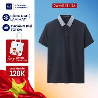 Áo POLO nam HLA chất liệu cotton mát lạnh màu xanh đen họa tiết cổ viền, logo thêu nổi