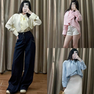 Áo sơ mi cách điệu cổ vạt chéo, Áo sơ mi nữ tay dài màu pastel