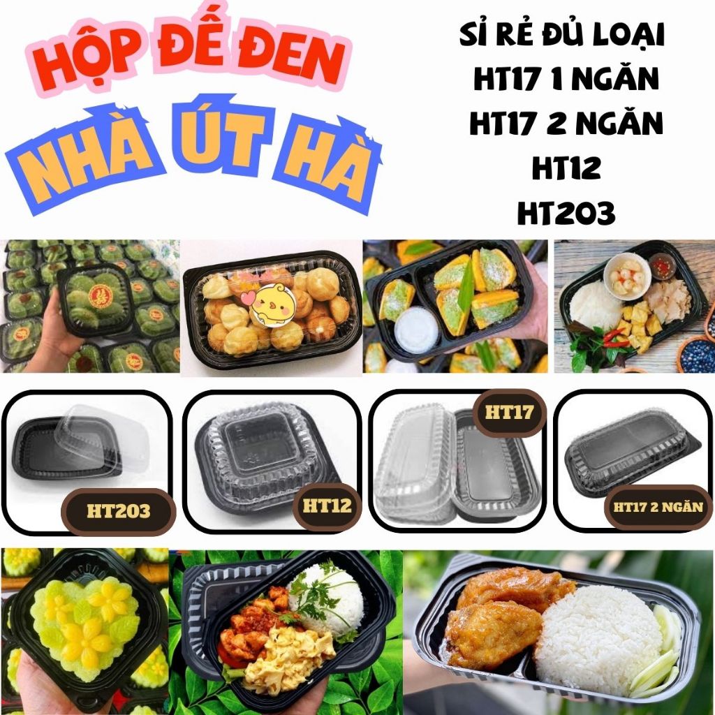 [SỈ RẺ NHẤT] 500 Hộp nhựa đế đen HT17 HT12 HT203 dùng cơm, cơm cuộn, xôi, kimpab, bánh ngọt