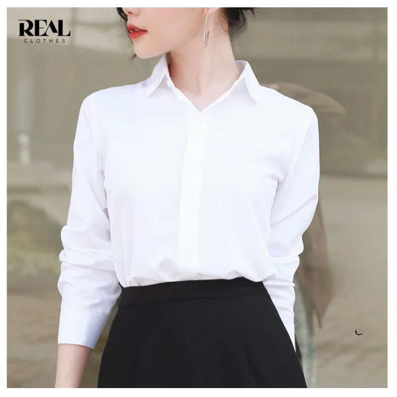 Sơ mi công sở dáng suông basic trắng REAL CLOTHES, vải cotton lụa ít nhăn, dễ ủi  - basic shirt
