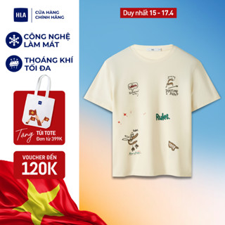 Áo thun nam nữ unisex HLA tay ngắn màu kem hoạ tiết hoạt hình chất liệu thoáng mát, co giãn tốt