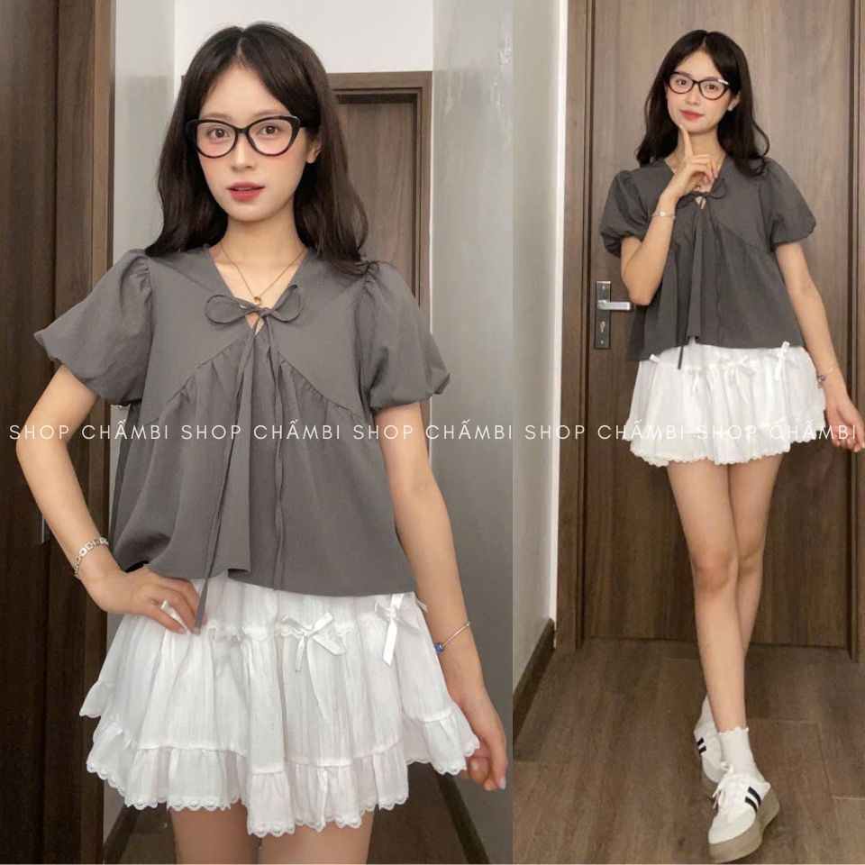 Áo babydoll nữ A.734, Áo cổ trái tym buộc nơ tay ngắn phồng nhẹ dáng babydoll dễ thương - Shop Chấm 
