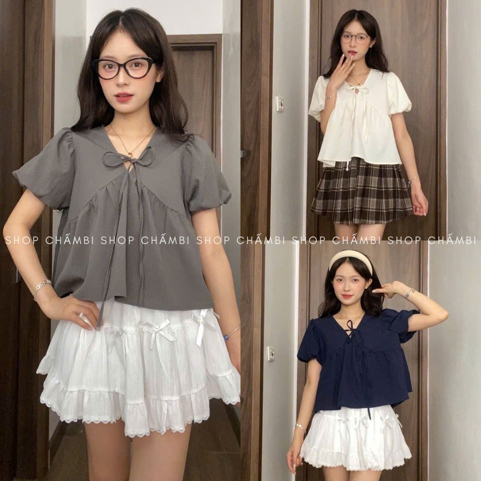 Áo babydoll nữ A.734, Áo cổ trái tym buộc nơ tay ngắn phồng nhẹ dáng babydoll dễ thương - Shop Chấm 