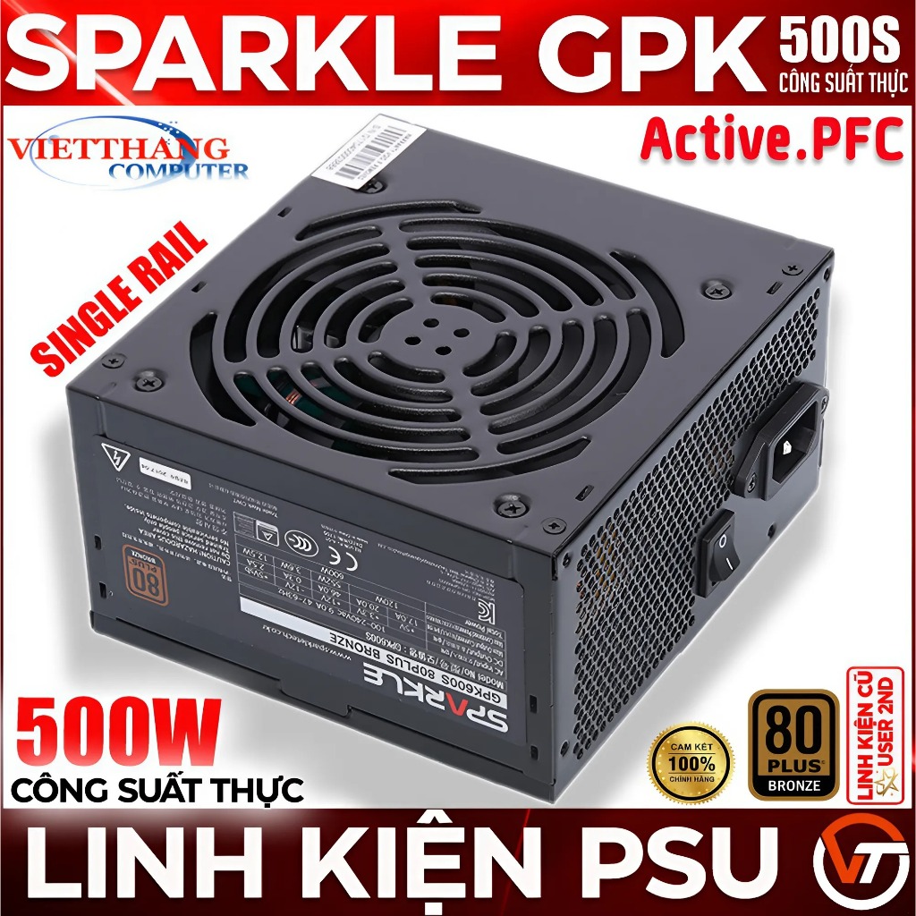 Nguồn Máy Tính Sparkle GPK500S 500W Công suât thực - Single Rail - A.PFC - 80 Plus Đồng ( Cũ - 2nd )