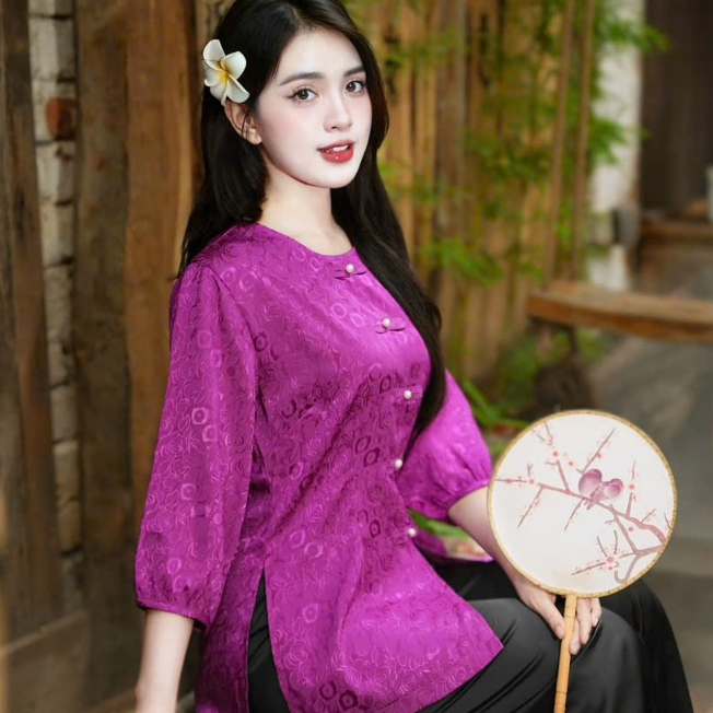 Đồ Lam Đi Chùa Tịnh Tâm, Pháp phục nữ  lụa gấm Tô Châu hồng cao cấp, lụa tuyết nhung, Size 40-65kg,4 size S,M,L,XL