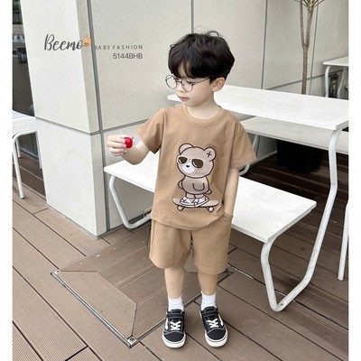 Set bộ cộc tay Beemo thêu hình gấu trượt ván vải da cá thoáng mát cho bé trai từ 9-24kg 5144BHB