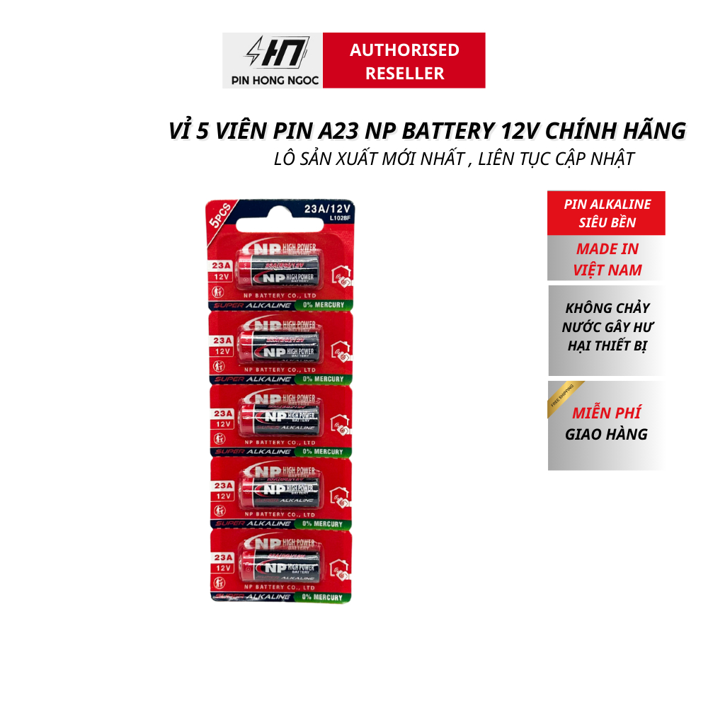 Vỉ 5 Viên Pin A23 , A27 NP battery alkaline hiệu điện thế 12V dùng cho remote cửa cuốn , chuông cửa