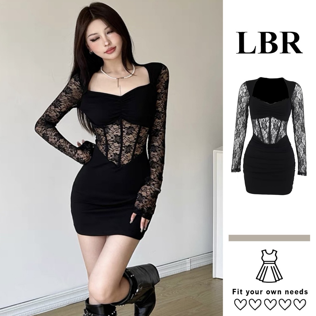 Váy Đen Tay Dài Cổ Vuông Phối Ren Corset Ôm Body Quyến Rũ Váy Tiểu Thư Ren Tay Dài LBR