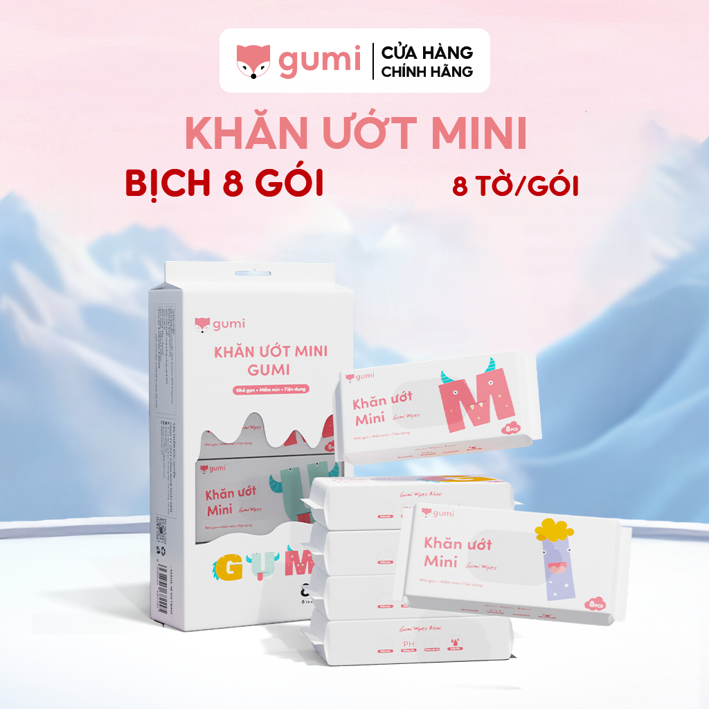 Hộp 20 gói Khăn giấy ướt Gumi Mini tiện lợi, không mùi bỏ túi tiện lợi.