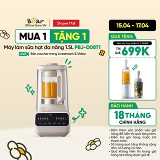 [15.4-17.4 TẶNG XAY SINH TỐ MINI] Máy làm sữa hạt 1.5L Bear PBJ-D08T1 - Xay nấu nhuyễn mịn, hoạt động êm ái - Chính Hãng
